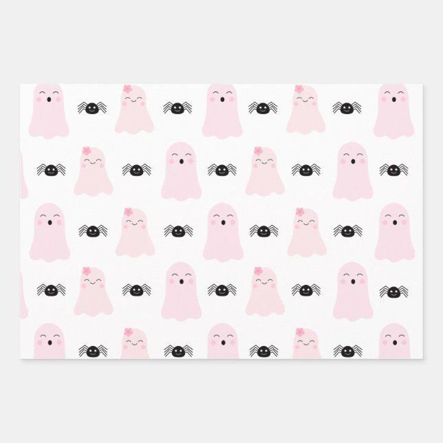 Feuille De Papier Cadeau Monstres d'Halloween rose fille Whimsical enfant (Devant)