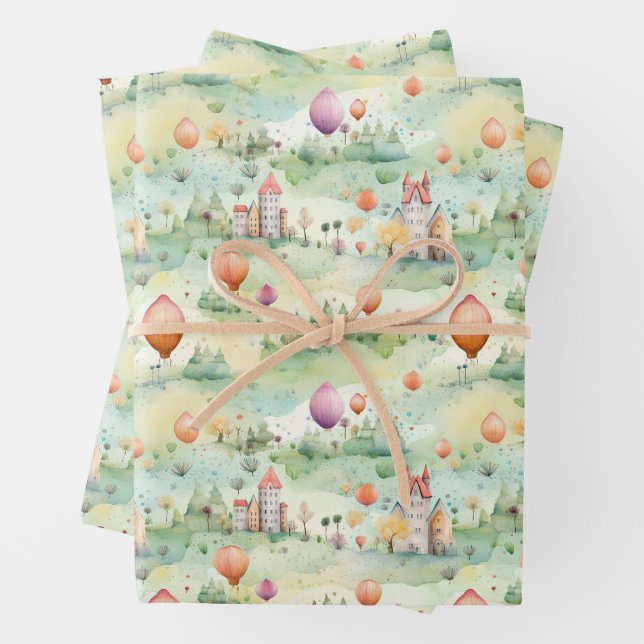 FEUILLE DE PAPIER CADEAU MONTGOLFIÈRES  (En situation)