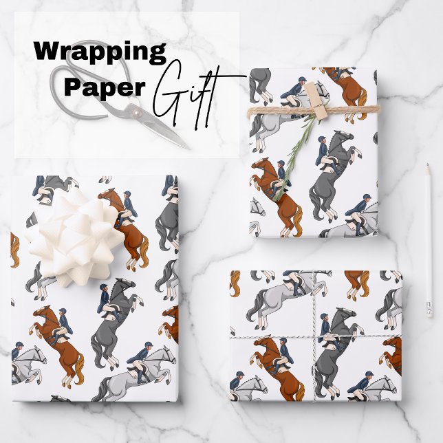 Feuille De Papier Cadeau Montrer Jumping Équitation (exquisite sheets featuring three majestic horses performing show jumping in different colors)