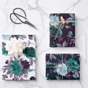 Feuille De Papier Cadeau Moody Boho   Turquoise Turquoise Dark Floral Patte