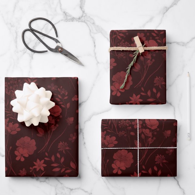 Feuille De Papier Cadeau Moody Dark Bourgogne Rustique Aquarelle Fleurs (Recto)