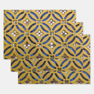 Feuille De Papier Cadeau Mosaïque Art déco vintage Carrelé or et bleu