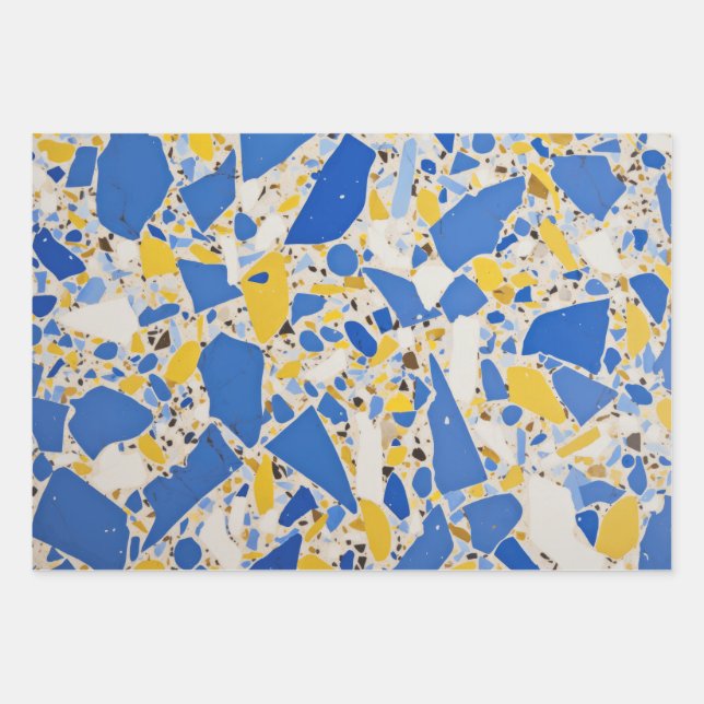 Feuille De Papier Cadeau Mosaïque bleue et jaune (Devant)