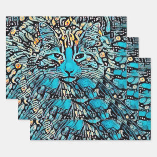 Feuille De Papier Cadeau Mosaïque jaune bleu chat tribal Découpage Abstrait