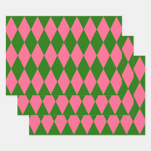 Feuille De Papier Cadeau Motif à carreaux Harlequin vert rose 