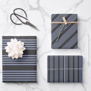 Feuille De Papier Cadeau Motif à cinq bandes bleu-gris et charbon