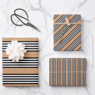 Feuille De Papier Cadeau Motif à cinq bandes noir et blanc avec bronzage