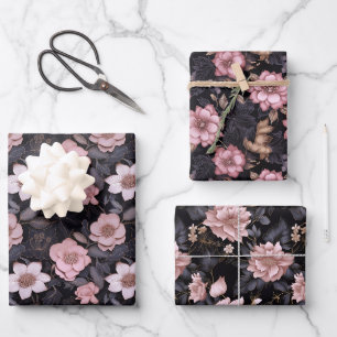 Feuille De Papier Cadeau Motif à fleurs 3D rose et or dessiné à la main