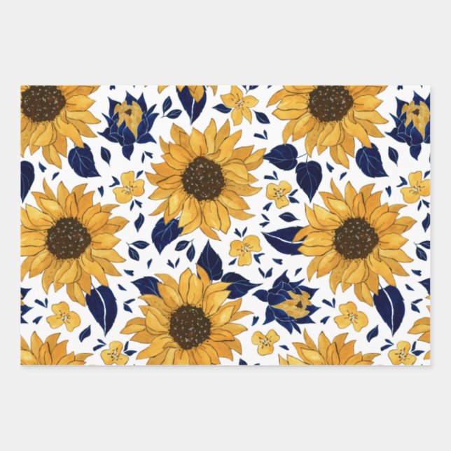 Feuille De Papier Cadeau Motif à fleurs bleu jaune vert orange (Devant)
