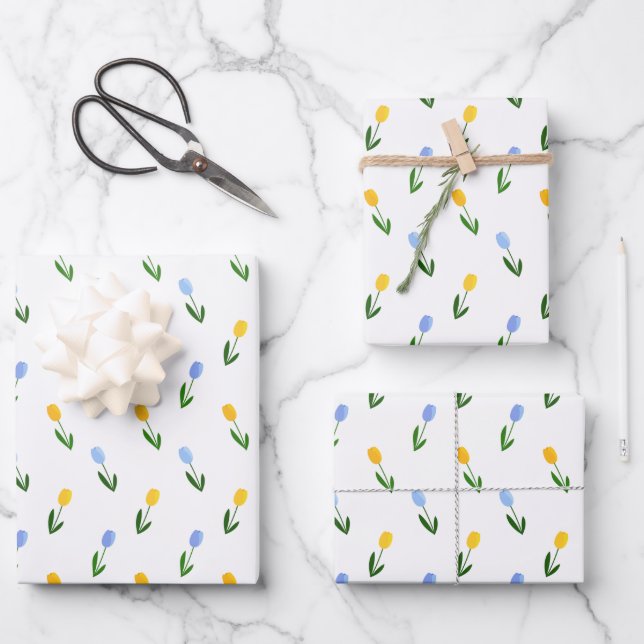 Feuille De Papier Cadeau Motif à fleurs de tulipe jaune et bleu (Recto)