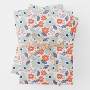 Feuille De Papier Cadeau Motif à fleurs moderne orange et bleu