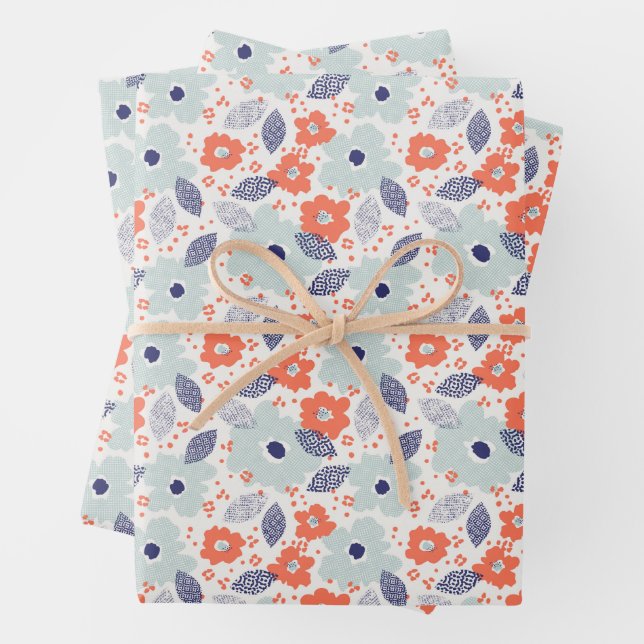 Feuille De Papier Cadeau Motif à fleurs moderne orange et bleu (En situation)