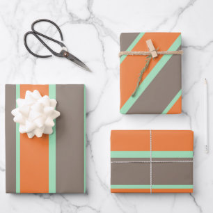 Feuille De Papier Cadeau Motif à rayures vert, gris et orange