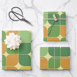 Feuille De Papier Cadeau Motif abstrait de milieu de siècle vert orange