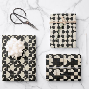 Feuille De Papier Cadeau Motif Abstrait Géométrique Gras - Noir & Crème