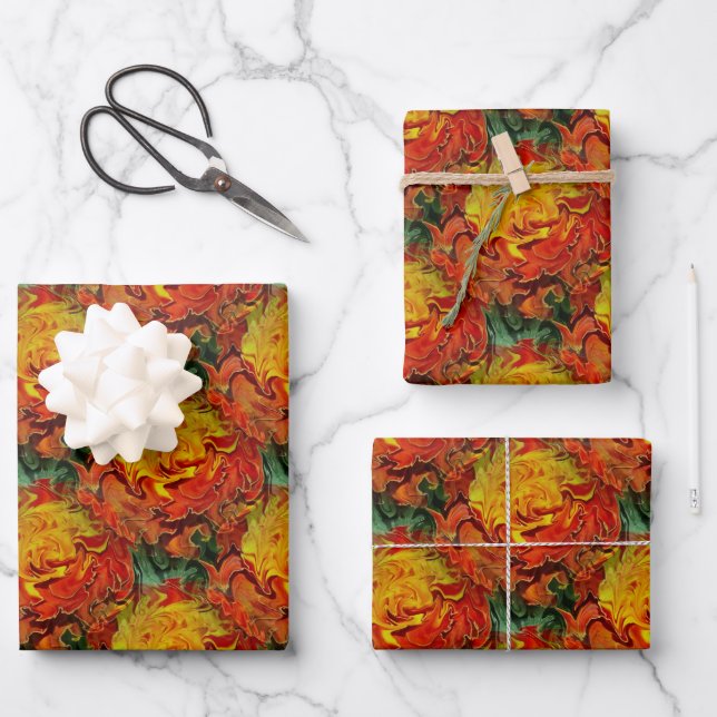 Feuille De Papier Cadeau Motif Abstrait orange jaune vert   (Recto)