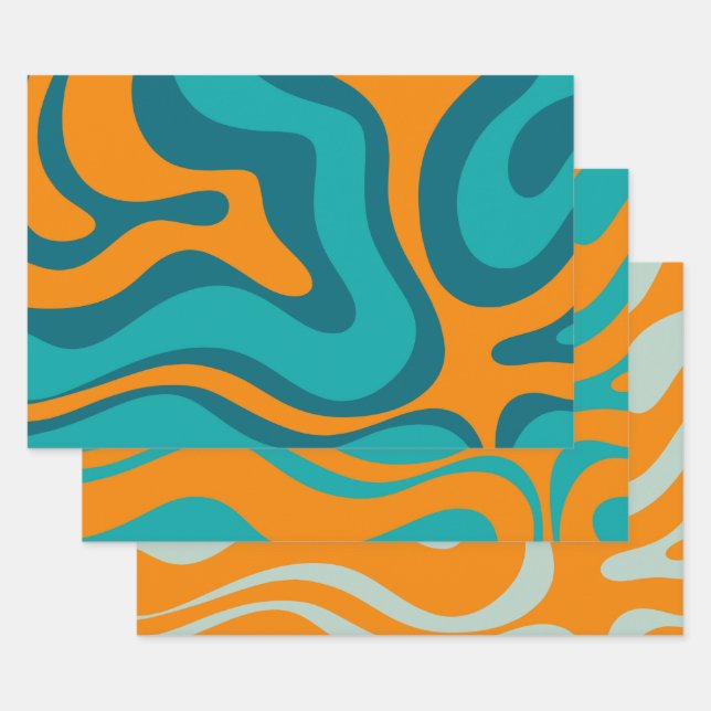 Feuille De Papier Cadeau Motif Abstrait Turquoise Orange Liquide Swirl Retr (Lot)