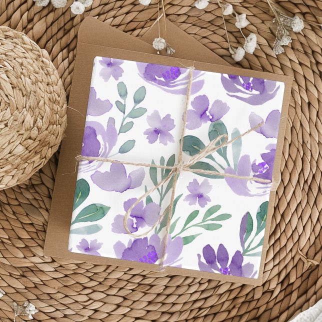 Feuille De Papier Cadeau Motif aquarelle floral et feuillage violet Boho (Créateur téléchargé)