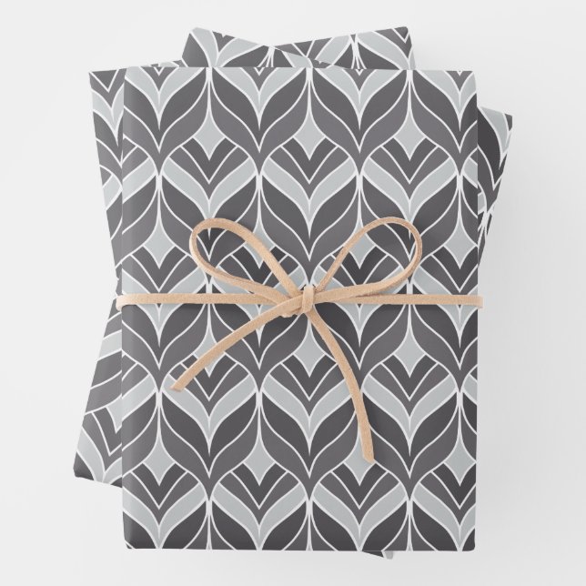 Feuille De Papier Cadeau Motif Art déco blanc et gris (En situation)