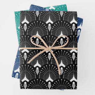 Feuille De Papier Cadeau Motif Art déco noir, bleu et turquoise