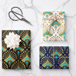 Feuille De Papier Cadeau Motif Art déco or et bleu sur noir