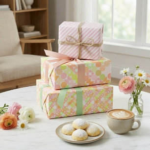 Feuille De Papier Cadeau Motif artistique de cercles roses saumonés et oran