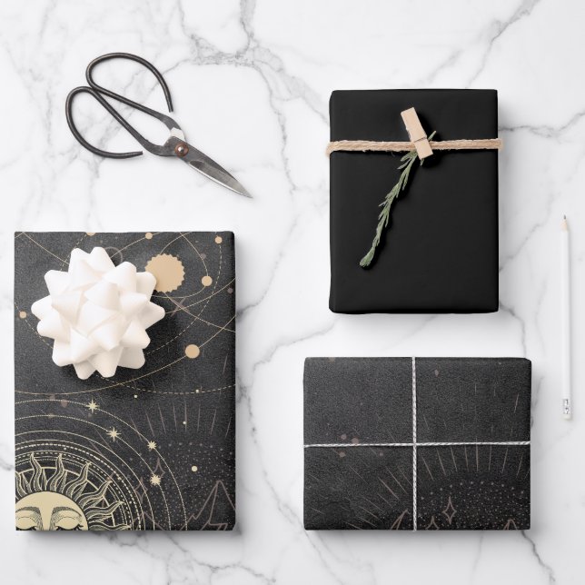 Feuille De Papier Cadeau Motif Astrologique Black Gold (Recto)