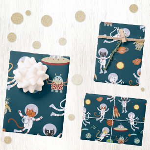 Feuille De Papier Cadeau Motif Astronaute Chat Espace Amusant