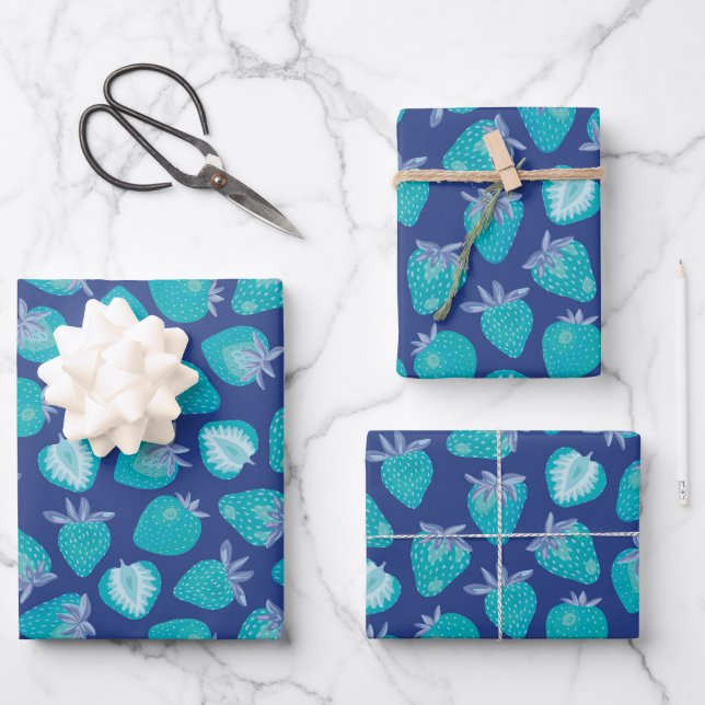 Feuille De Papier Cadeau Motif aux fraises bleues (Recto)