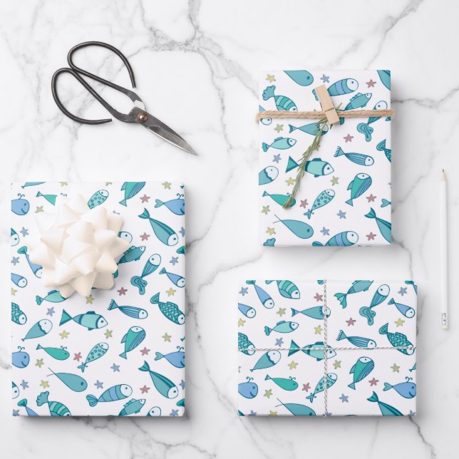 Feuille De Papier Cadeau Motif Avec Poisson Et Estarfish (Recto)