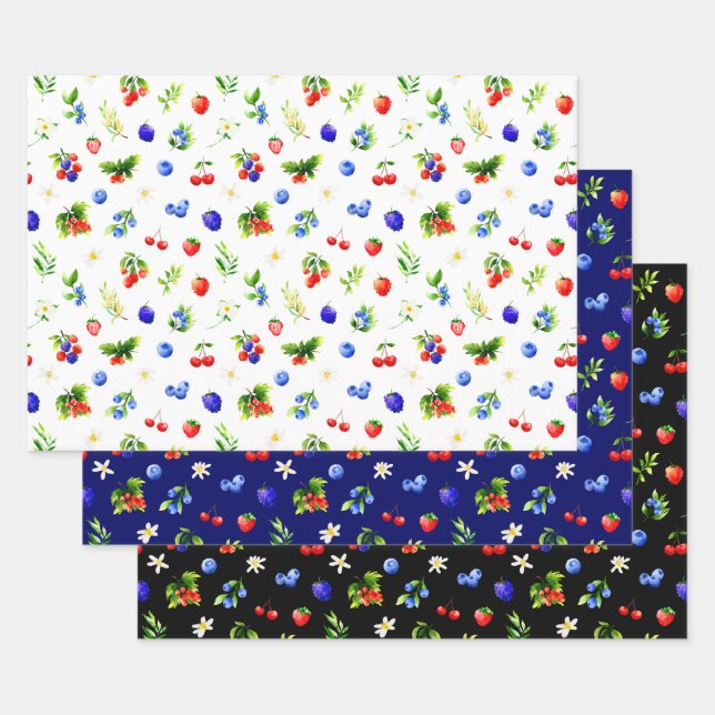 Feuille De Papier Cadeau Motif Baies Mixtes (Lot)