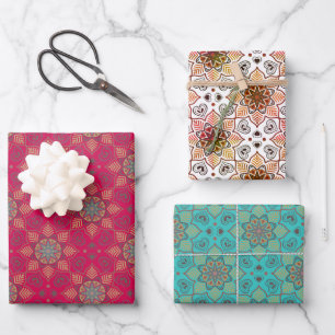 Feuille De Papier Cadeau Motif Batik à fleurs Mandala bleu océan rouge