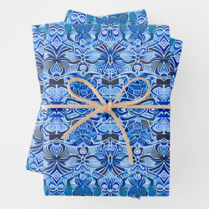 Feuille De Papier Cadeau Motif Batik tribal en Indigo bleu et blanc