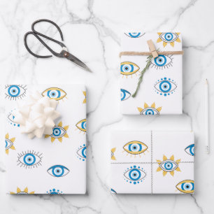 Feuille De Papier Cadeau Motif bleu, or et blanc de l'oeil grec Mati