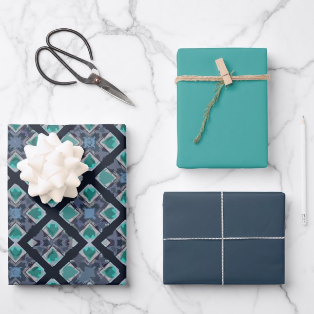 Feuille De Papier Cadeau Motif bleu tribal double diamant MVB (Recto)