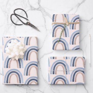 Feuille De Papier Cadeau Motif Boho bleu et arc-en-ciel de pêche