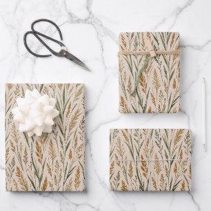 Feuille De Papier Cadeau Motif botanique à l'aquarelle de la prairie dorée