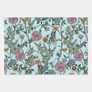 Feuille De Papier Cadeau Motif botanique de couleur bleue de style vintage 