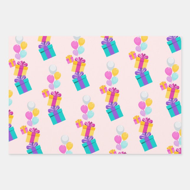 Feuille De Papier Cadeau Motif Cadeau Pastel Et Ballon  (Devant)