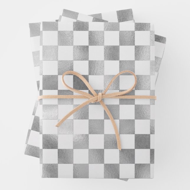 Feuille De Papier Cadeau motif carré métallique blanc argenté arrière - pla (En situation)