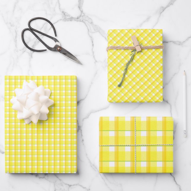 Feuille De Papier Cadeau Motif carreaux rétro jaune (Recto)