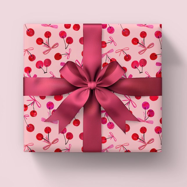 Feuille De Papier Cadeau Motif cerises et arcs (Coquette cherry & bow girly pink wrapping paper sheets. Great for girls birthday or baby shower.)