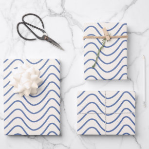Feuille De Papier Cadeau Motif Chevron Ligne Minimale Bleu sur Crème Blanc