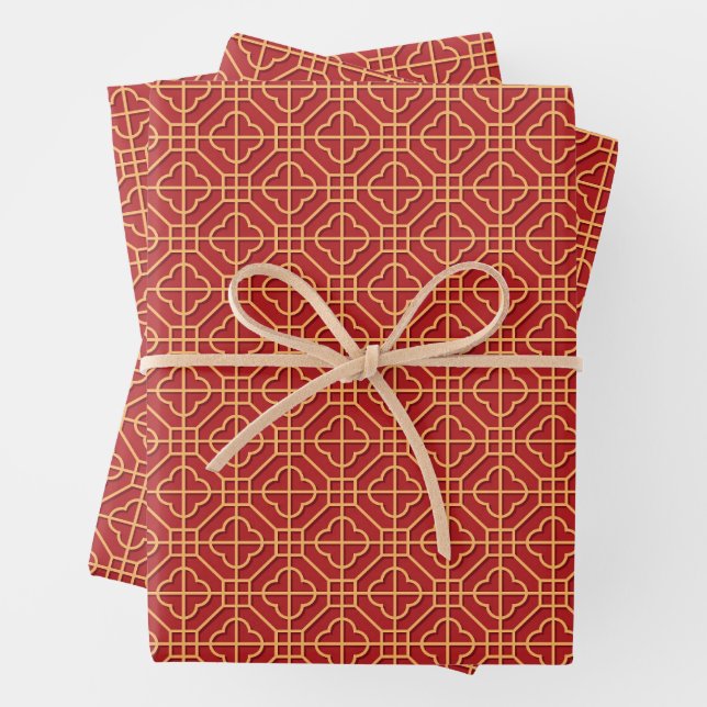 Feuille De Papier Cadeau Motif chinois rouge et or (En situation)