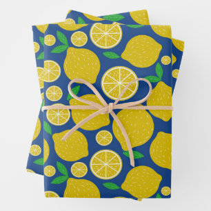 Feuille De Papier Cadeau Motif Citron Jaune sur Fond Bleu 