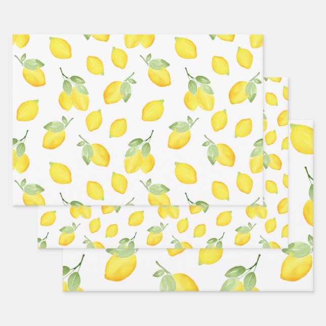 Feuille De Papier Cadeau Motif citrons aquarelles (Lot)
