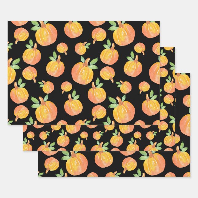 Feuille De Papier Cadeau Motif Citrouille Aquarelle Arrière - plan noir (Lot)