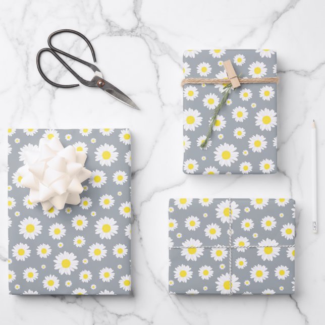 Feuille De Papier Cadeau Motif classique à fleur marguerite jaune et blanch (Recto)
