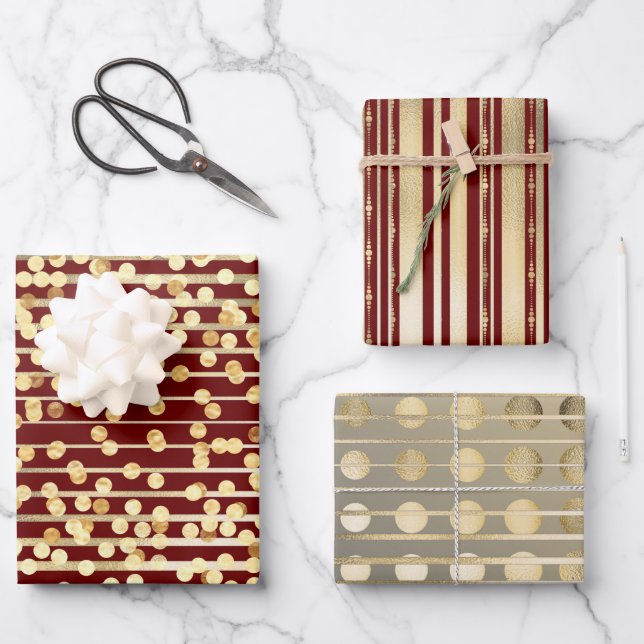 Feuille De Papier Cadeau motif classique élégant rayé de confetti rouge or (Recto)