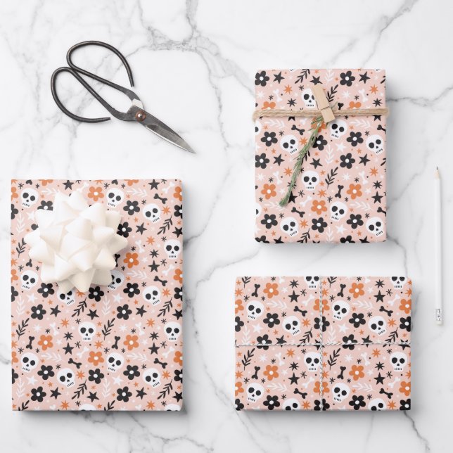 Feuille De Papier Cadeau Motif crâne de fleurs (Recto)